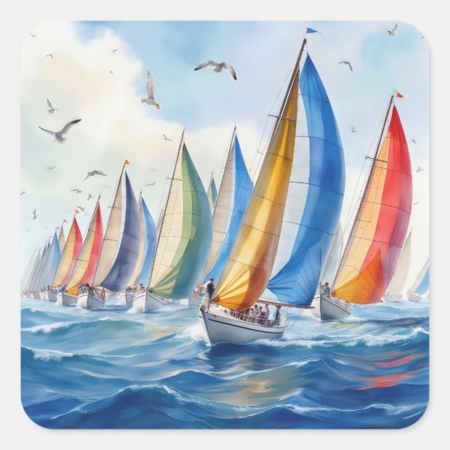 Sticker Carré Aquarelle Artwork Voilier Regatta (Devant)