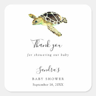 Sticker Carré Aquarelle Baby shower tortue de mer Personnalisé F