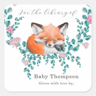 Sticker Carré Aquarelle bébé renard en fleur - pour la bibliothè