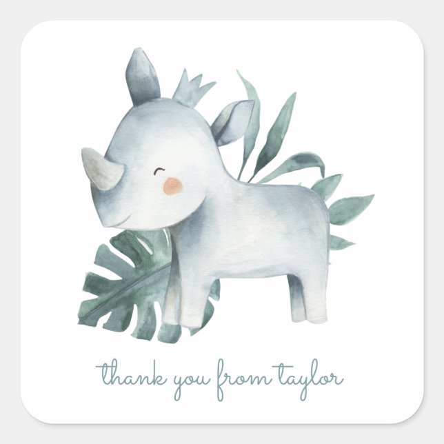 Sticker Carré Aquarelle Bébé Rhinoceros Merci d'anniversaire (Devant)
