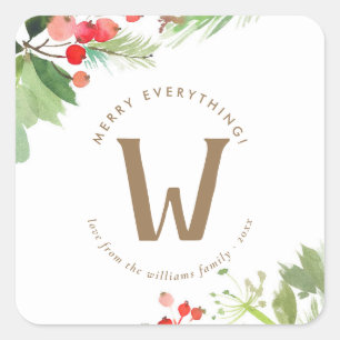 Sticker Carré Aquarelle Berries d'hiver et verdure
