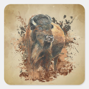 Sticker Carré Aquarelle Bison Buffle Animaux Nature