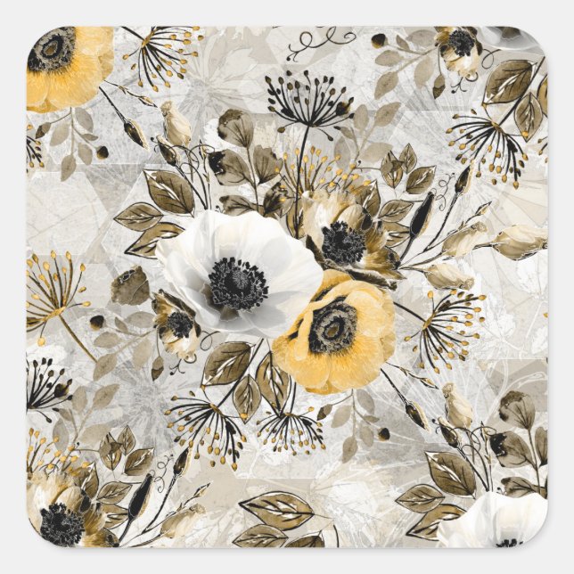 Sticker Carré Aquarelle blanche, fleurs jaunes (Devant)