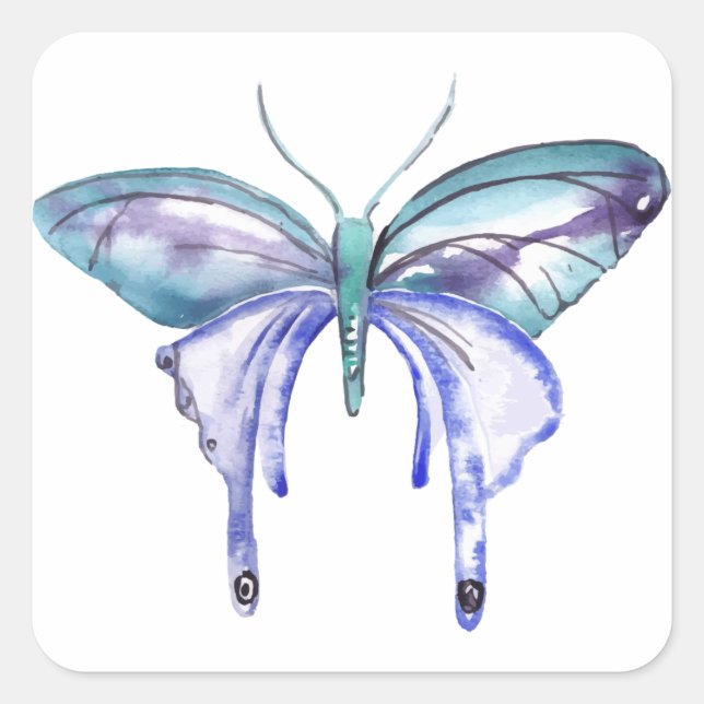 Sticker Carré Aquarelle bleu Aqua Purple papillon (Devant)