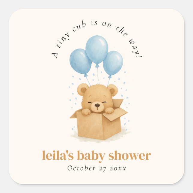 Sticker Carré Aquarelle Bleu Baby shower de l'ours Bleu (Devant)