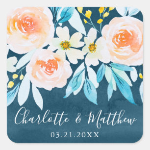 Sticker Carré Aquarelle bleu foncé moderne Mariage floral