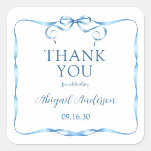 Sticker Carré Aquarelle Bleu Ruban Bébé Merci d'arrosage
