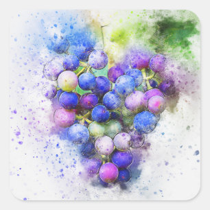 Sticker Carré Aquarelle bleu violet Raisins Fruit Abstrait