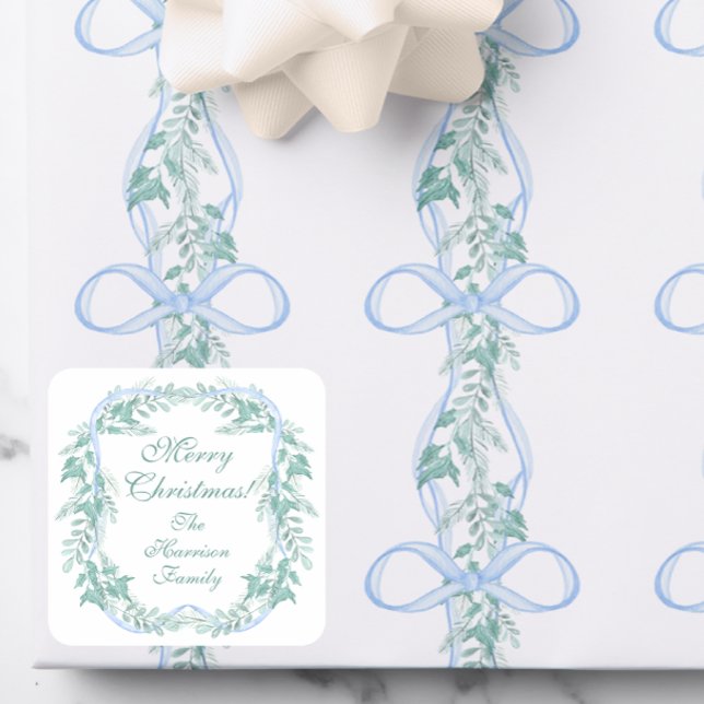 Sticker Carré Aquarelle Blue Bow Garland cadeau de Noël (Créateur téléchargé)
