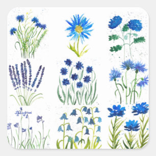 Sticker Carré Aquarelle Blue Flowers Collection Chic Rustique