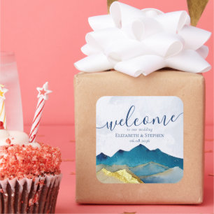 Sticker Carré Aquarelle Blue Gold Foil Mountain Mariage Bienvenu
