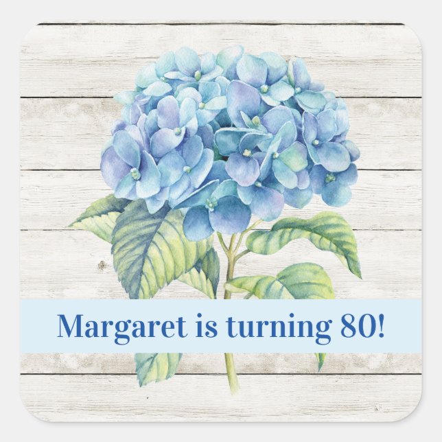 Sticker Carré Aquarelle Blue Hydrangea 80e anniversaire (Devant)