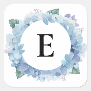 Sticker Carré Aquarelle Blue Hydrangeas Bold Script Monogramme