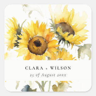 Sticker Carré Aquarelle Boho minimale Tournesol Mariage rustique
