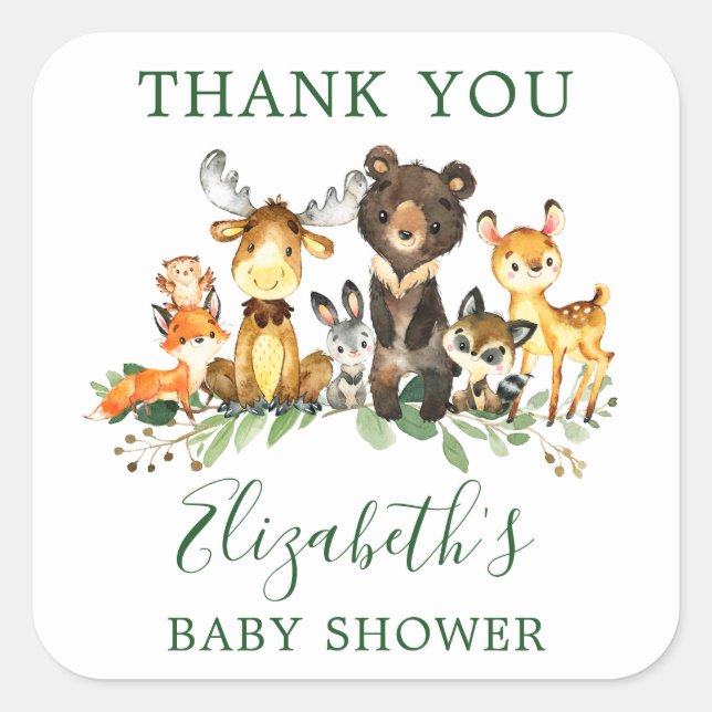 Sticker Carré Aquarelle Bois Animaux Baby shower Favoriser (Devant)