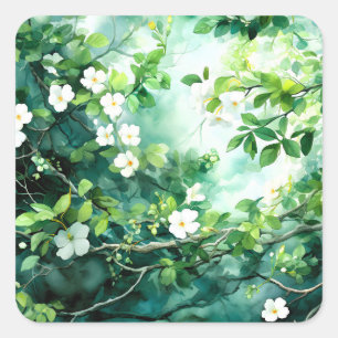 Sticker Carré Aquarelle botanique Fleurs blanches Feuilles verte