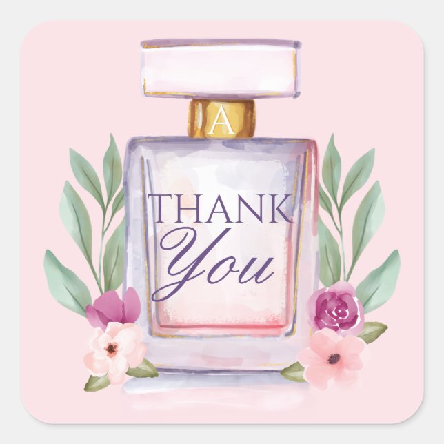 Sticker Carré Aquarelle Bouteille de parfum Merci floral (Devant)