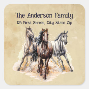 Sticker Carré Aquarelle Chevaux Ferme Art animal