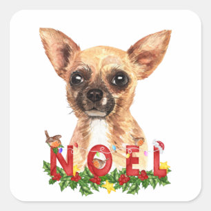 Sticker Carré Aquarelle Chihuahua Noel Noël
