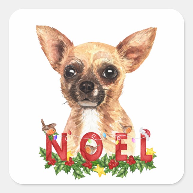 Sticker Carré Aquarelle Chihuahua Noel Noël (Devant)