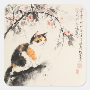 Sticker Carré Aquarelle chinoise - Calico cat