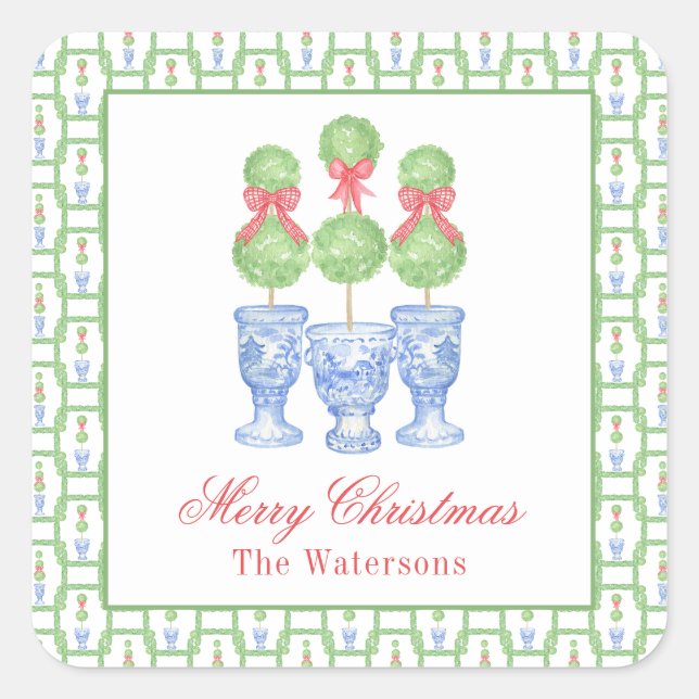 Sticker Carré Aquarelle Chinoiserie Christmas Bow Topift Cadeau (Devant)