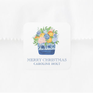 Sticker Carré Aquarelle Chinoiserie Mandarins Cadeau de Noël