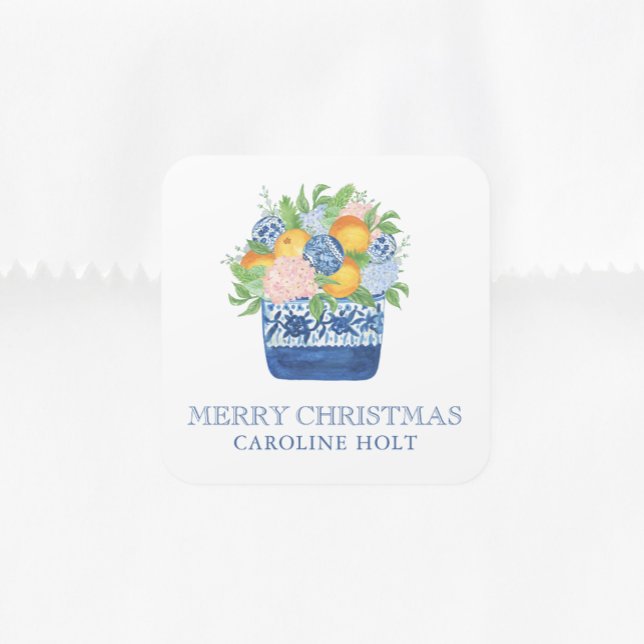 Sticker Carré Aquarelle Chinoiserie Mandarins Cadeau de Noël (Créateur téléchargé)
