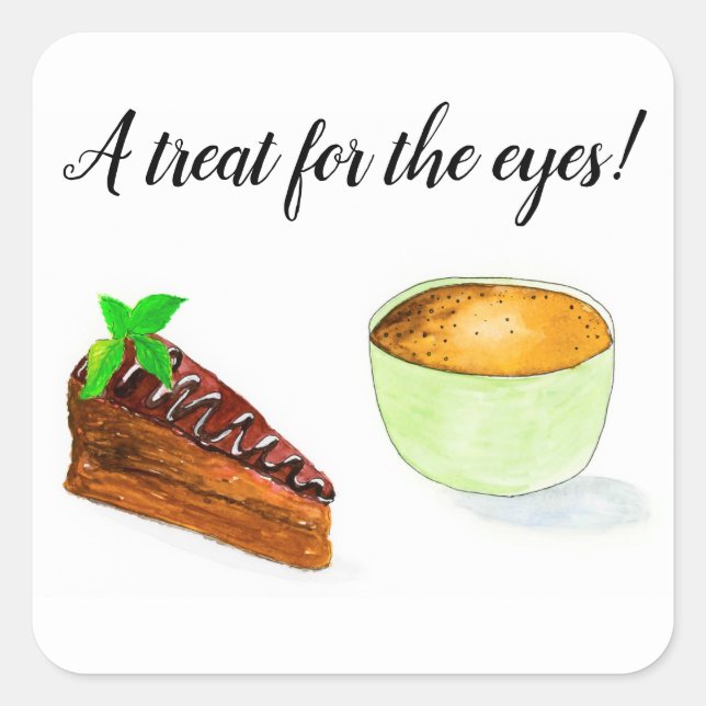 Sticker Carré Aquarelle Chocolat Gâteau Et Café (Devant)