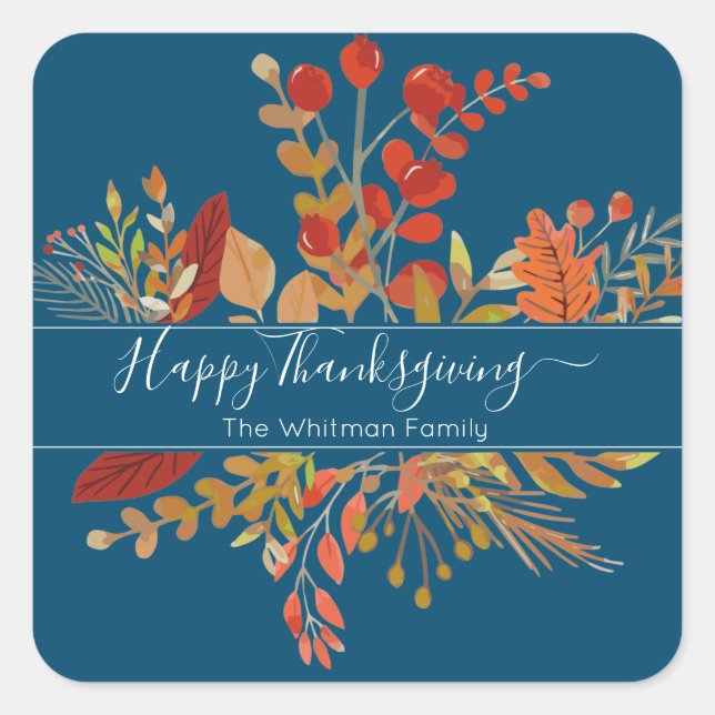 Sticker Carré Aquarelle Chute Folig Thanksgiving | Bleu (Devant)