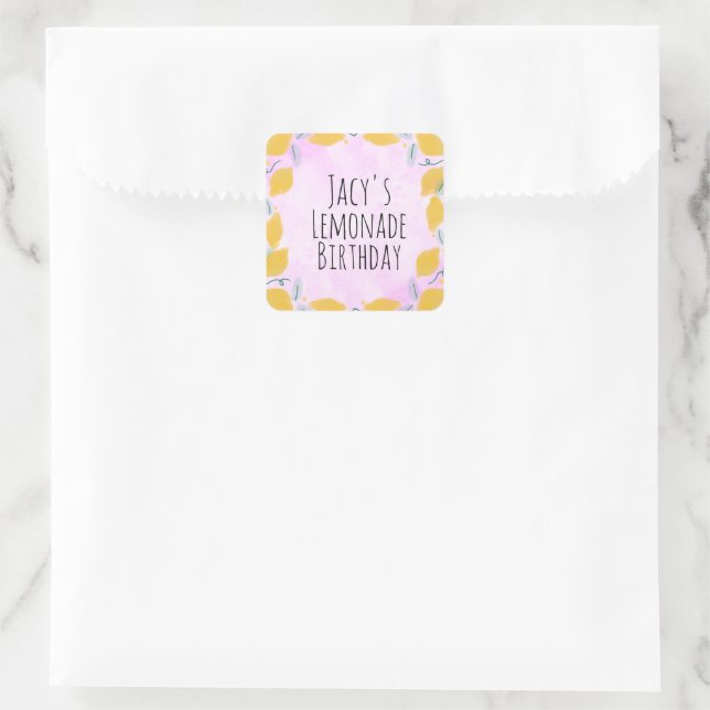 Sticker Carré Aquarelle Citron Anniversaire Rose Jaune Bordure A (Sac)