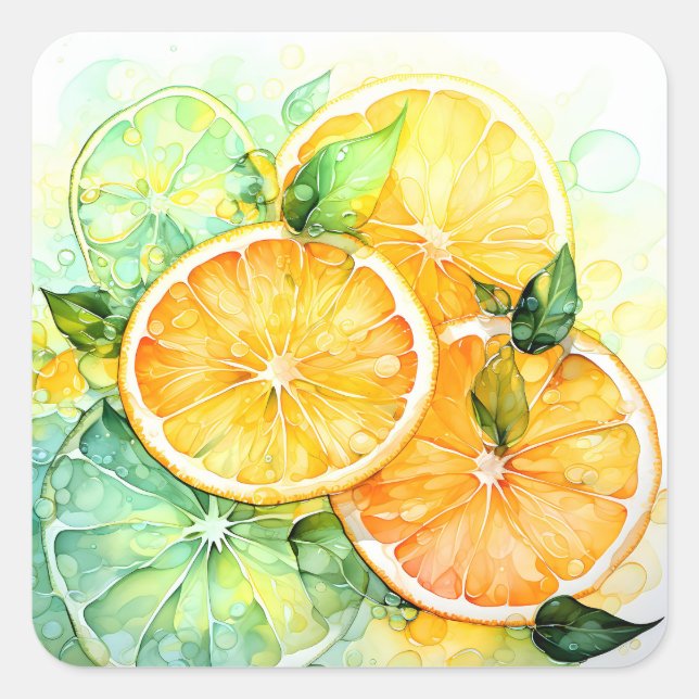Sticker Carré Aquarelle Citron Orange Citron Vert Botanique Cuis (Devant)