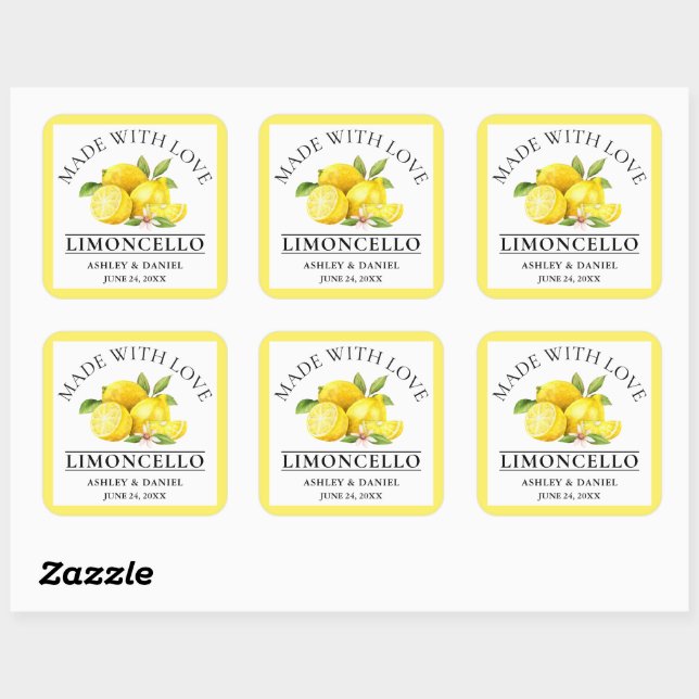 Sticker Carré Aquarelle Citrons Amour Mariage Limoncello Jaune (Feuille)