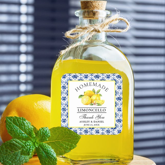 Sticker Carré Aquarelle Citrons Carrelage bleu Limoncello Merci (Customize to change text size, color or text style.)