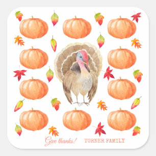 Sticker Carré Aquarelle Citrouille Turquie Motif Thanksgiving