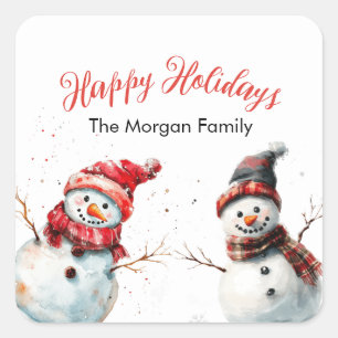 Sticker Carré Aquarelle classique et festive Snowman