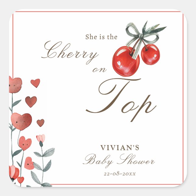 Sticker Carré Aquarelle Coeur cerise florale sur le Baby shower  (Devant)