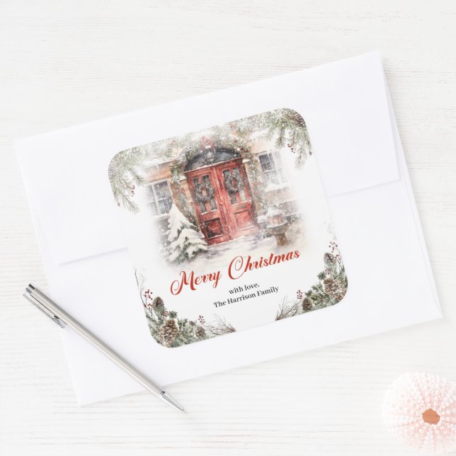 Sticker Carré Aquarelle confortable rouge porte de Noël en hiver (Enveloppe)