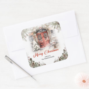 Sticker Carré Aquarelle confortable rouge porte de Noël en hiver