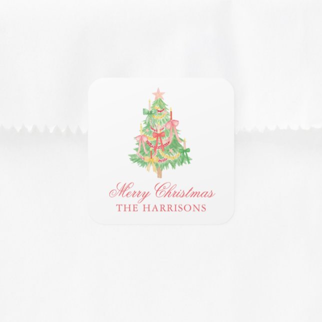 Sticker Carré Aquarelle Coquette Bow Christmas Tree (Créateur téléchargé)