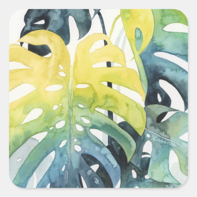 Sticker Carré Aquarelle Coucher de soleil Palm Tree Feuilles (Devant)