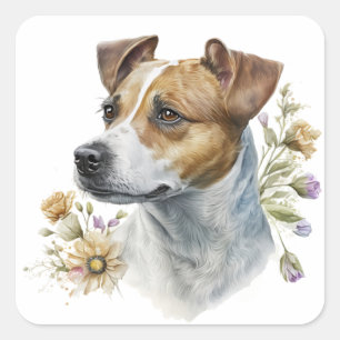Sticker Carré Aquarelle couleur mignonne Floral Jack Russell Chi
