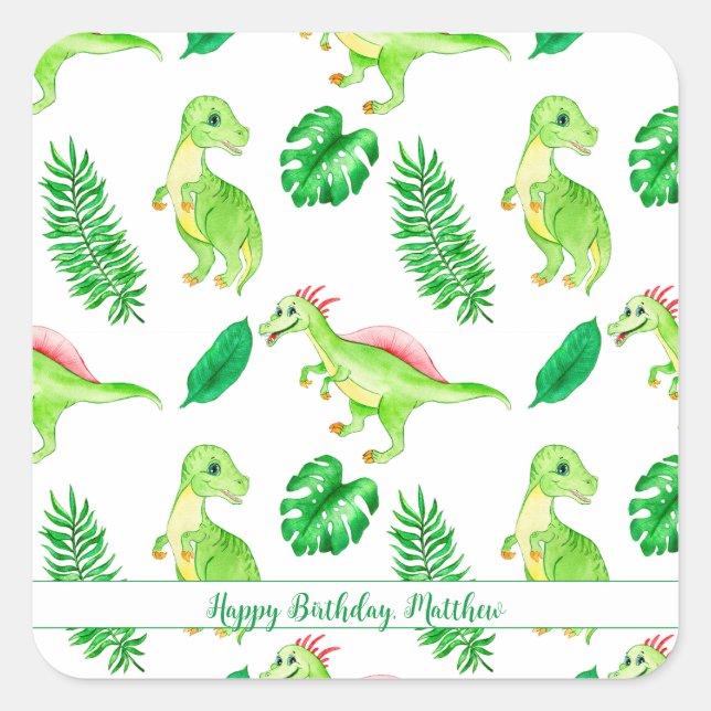 Sticker Carré Aquarelle couleur mignonne Motif Jungle Dinosaur (Devant)