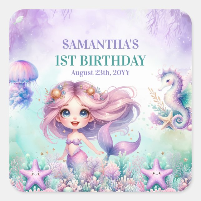 Sticker Carré Aquarelle couleur violet sirène 1er anniversaire (Devant)