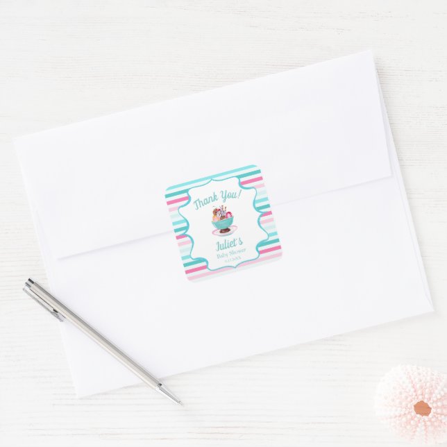 Sticker Carré Aquarelle Crème glacée Baby shower Sundae (Enveloppe)