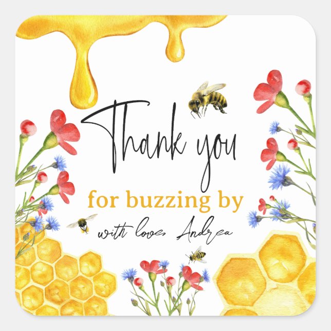 Sticker Carré Aquarelle d'abeille fleur sauvage et jaune (Devant)