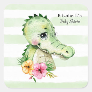 Sticker Carré Aquarelle d'Alligator mignonne Baby shower floral