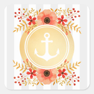 Sticker Carré Aquarelle d'Ancre marine or à rayures florales
