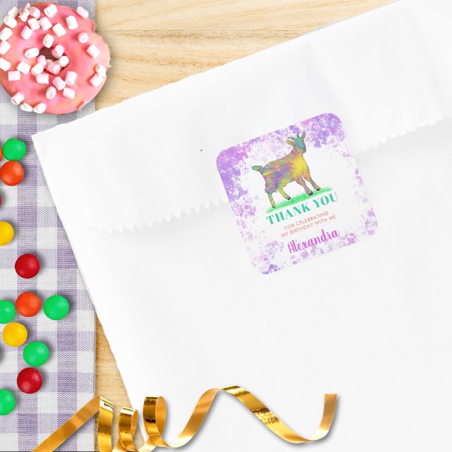 Sticker Carré Aquarelle d'animal de ferme Anniversaire Merci (Cute goat farm animal watercolor birthday party thank you favor sticker)