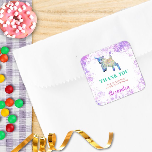 Sticker Carré Aquarelle d'animal de ferme Anniversaire Merci (Cute goat farm animal watercolor birthday party thank you custom favor sticker )